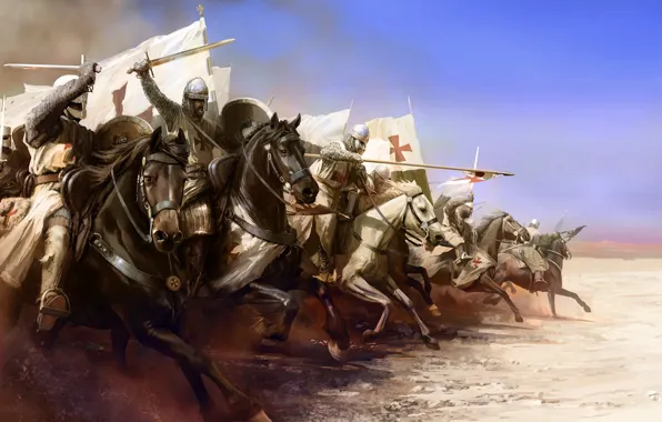 Картинка оружие, атака, лошадь, доспехи, флаг, тамплиер, Рыцарь