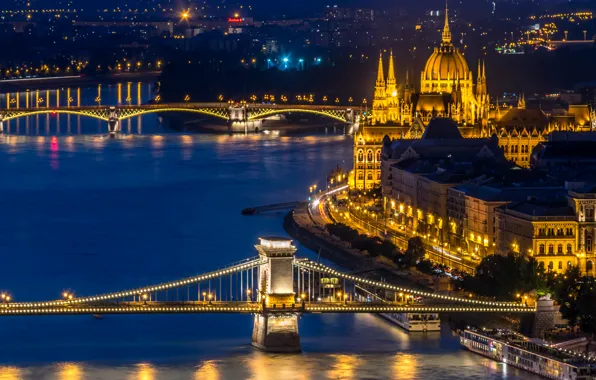 Ночь, огни, река, фонари, мосты, вид сверху, Венгрия, Budapest