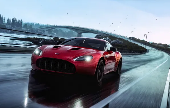 Aston Martin, Red, Car, Speed, V12, Rain, Road, Zagato