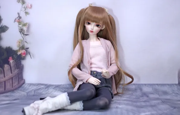 Игрушка, кукла, сидит, длинные волосы