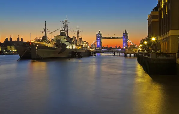 Картинка мост, огни, река, корабль, Англия, Лондон
