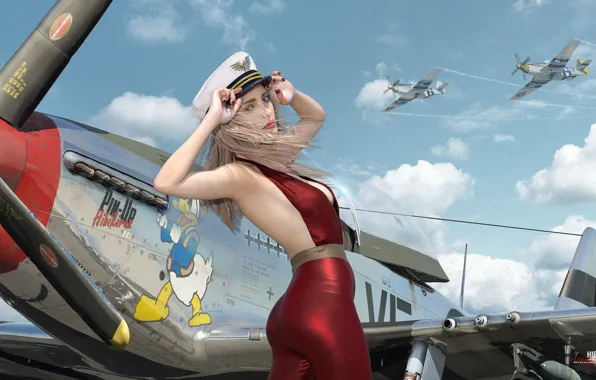 Mustang, girl, pinup, aircraft, art, model, hibikirus, p51