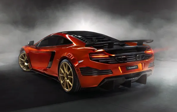 Картинка оранжевый, фон, тюнинг, дым, McLaren, суперкар, вид сзади, tuning, MP4-12C, Mansory, МакЛарен