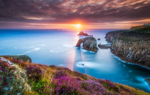 Картинка море, закат, скалы, sea, sunset, rocks, shore, England