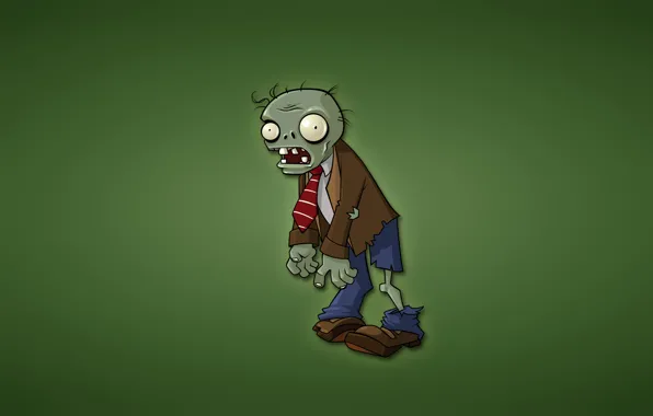 Картинка минимализм, зомби, зеленый фон, Plants vs. Zombies, красный галстук