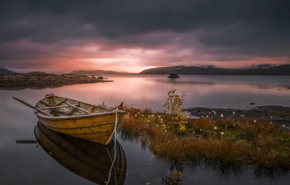 Картинка небо, закат, озеро, лодка, Allan Pedersen