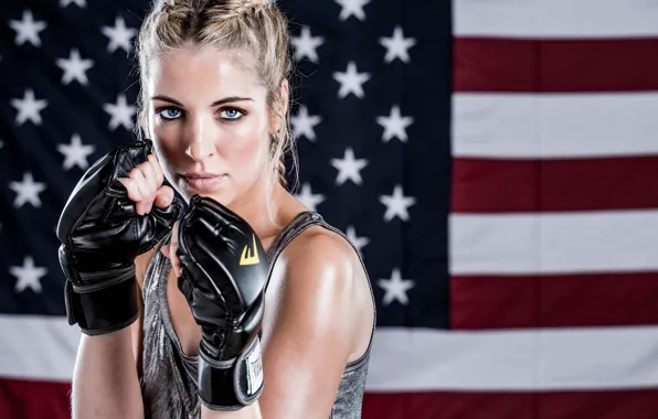 Blonde, American flag, martial arts pose