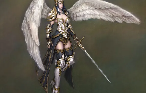 Картинка девушка, фон, крылья, ангел, меч, арт, доспех