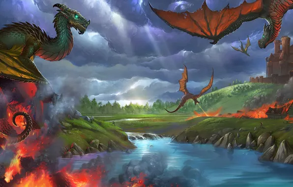 Картинка вода, река, замок, огонь, драконы, арт, нападение, Fırat Solhan