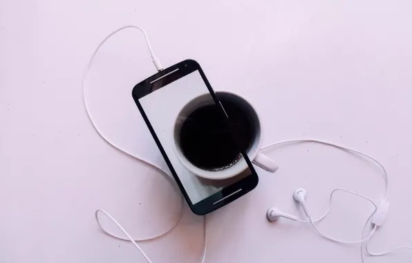 Картинка cup, coffee, picture, cell phone, earphone
