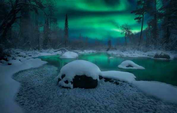 Картинка зима, лес, снег, деревья, река, северное сияние, Россия, Кольский полуостров