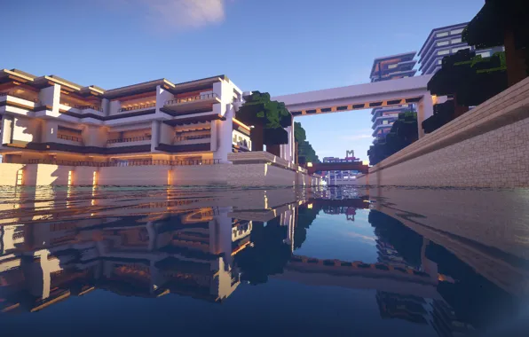 Небо, Вода, Отражение, Здание, Minecraft