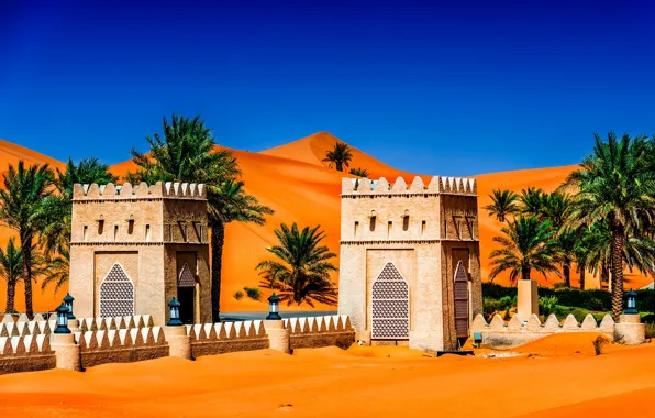 Песок, небо, солнце, барханы, пальмы, Abu Dhabi, ОАЭ