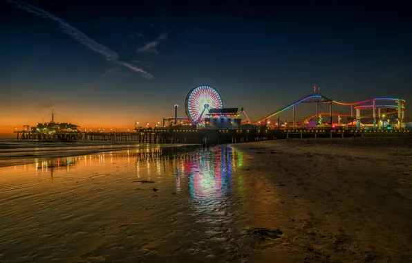Lights, United States, beach, twilight, sea, ocean, coast, sunset
