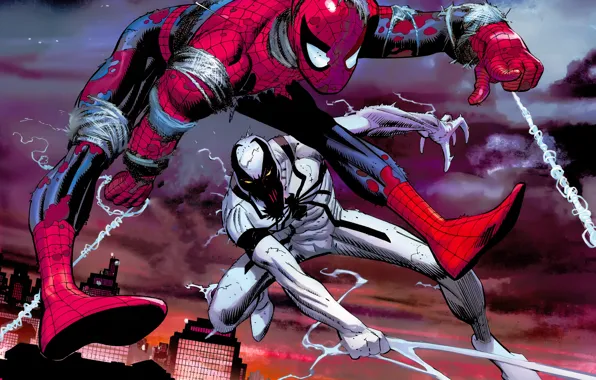Картинка город, паутина, битва, Spider-man, Человек-паук, Marvel Comics, Anti-Venom, Анти-Веном