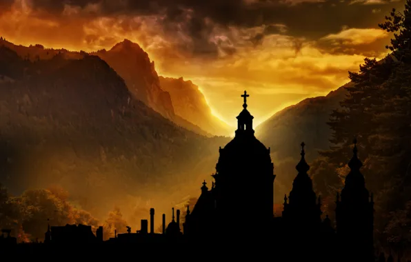 Sunset, silhouette, church, nihgt