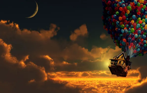 Картинка дом, вверх, мультфильм, воздушные шарики
