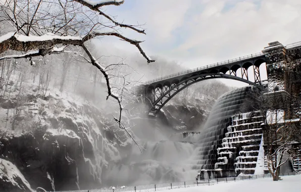 Картинка зима, мост, река, дамба