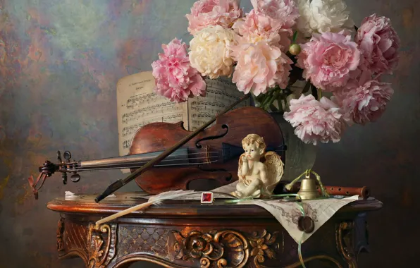 Картинка цветы, стиль, ноты, скрипка, букет, статуэтка, натюрморт, колокольчик