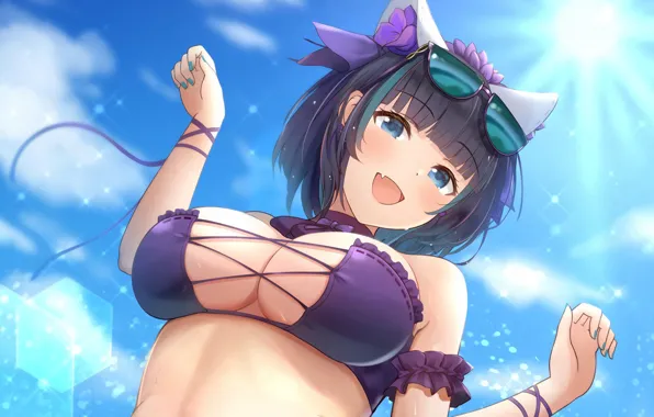 Girl, sexy, cleavage, boobs, anime, blue eyes, beautiful, short hair