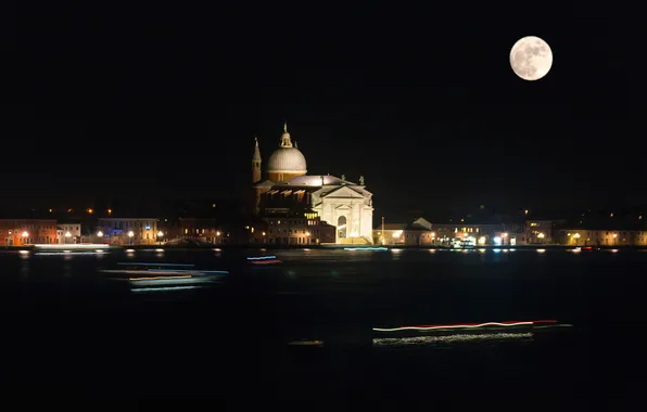 Картинка ночь, огни, луна, Италия, Венеция, собор, канал, трассы