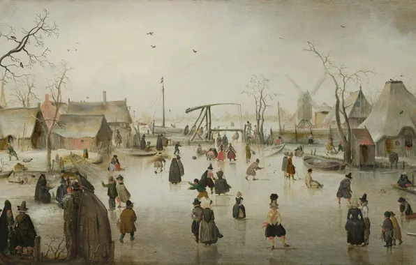 Пейзаж, масло, картина, Хендрик Аверкамп, 1610, Hendrick Avercamp, Катание на коньках в деревне