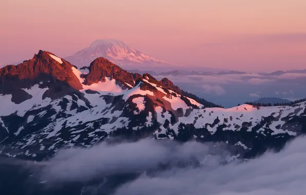 Зима, небо, облака, снег, деревья, закат, горы, природа