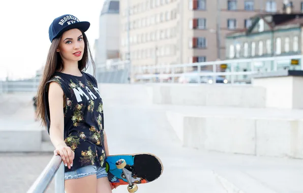 Shorts, long hair, woman, young, beautiful, model, brunette, skateboard