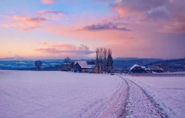 Картинка зима, снег, рассвет, деревня