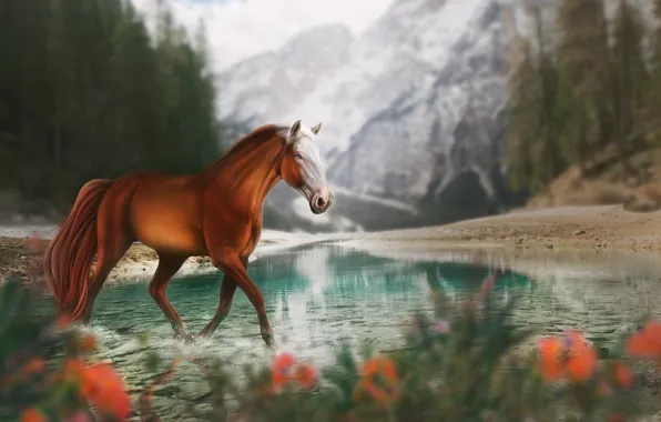 Картинка горы, природа, озеро, лошадь, by Fiirewolf