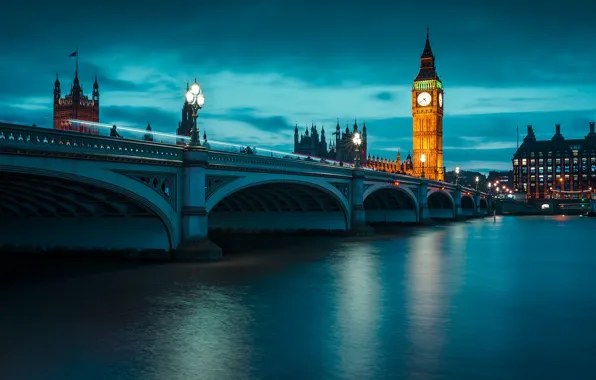 Картинка ночь, мост, Англия, Лондон, Темза, биг-бен