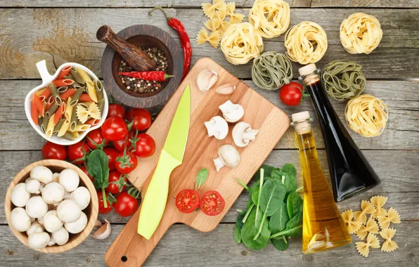 Картинка грибы, масло, нож, доска, овощи, помидоры, макароны