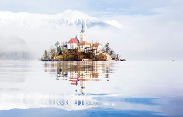 Картинка туман, утро, Словения, озеро Блед
