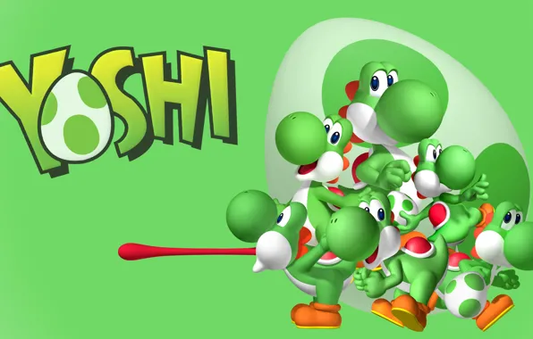 Green, wallpaper, egg, tongue, multiple yoshi, yoshi