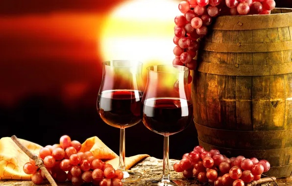 Картинка закат, красный, фон, вино, бокалы, виноград, бочка