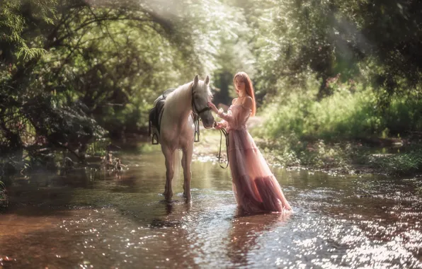 Картинка девушка, природа, река, настроение, конь, лошадь, платье, Диана Липкина