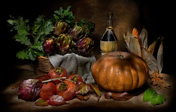 Листья, вино, бутылка, еда, полотенце, кукуруза, тыква, фрукты