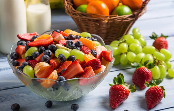 Черника, клубника, виноград, десерт, fruit, strawberry, мандарин, фруктовый салат