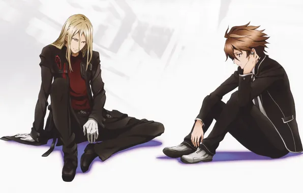 Белый фон, школьная форма, guilty crown, черный плащ, два парня, корона грешника, shu ouma, gai …