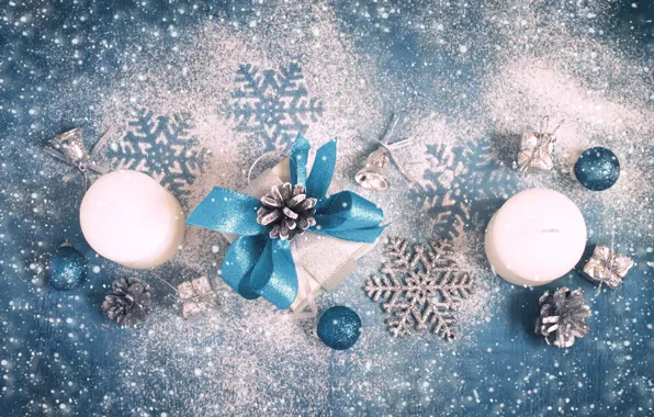 Картинка снег, украшения, снежинки, свечи, Новый Год, Рождество, Christmas, wood