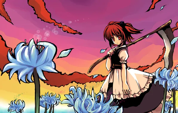 Взгляд, коса, рыжая, красные глаза, touhou, голубые цветы, komachi onizuka