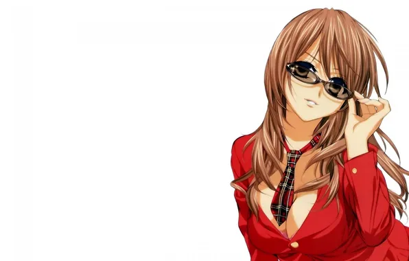 Картинка девушка, арт, очки, костюм, галстук, белый фон, в красном, tenhiro naoto