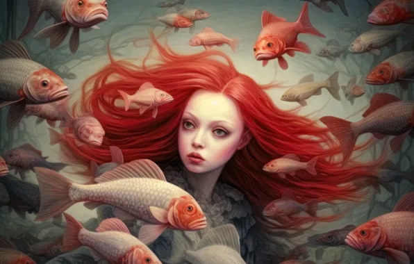 Море, вода, девушка, рыбы, русалка, сказка, купание, фэнтези