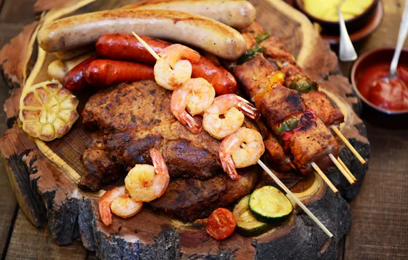 Мясо, овощи, соус, колбаса, шашлык, креветки, meat, shrimp