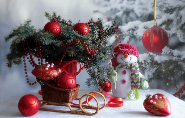Картинка зима, снег, украшения, ветки, стол, праздник, игрушки, новый год