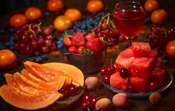 Картинка ягоды, вино, бокал, арбуз, клубника, виноград, фрукты, черешня