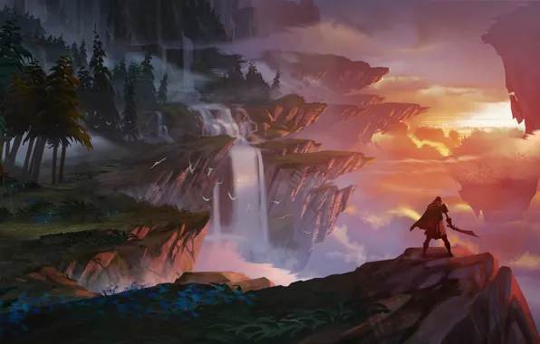 Sword, fantasy, forest, twilight, river, sky, trees, landscape