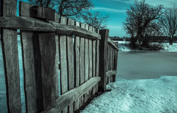 Картинка зима, снег, дерево, забор
