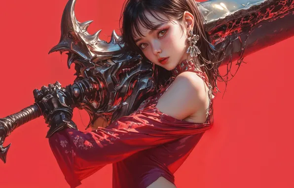 Girl, Fantasy, Anime, Warrior, Sword, Red Background, Anime Girl, AI Generated