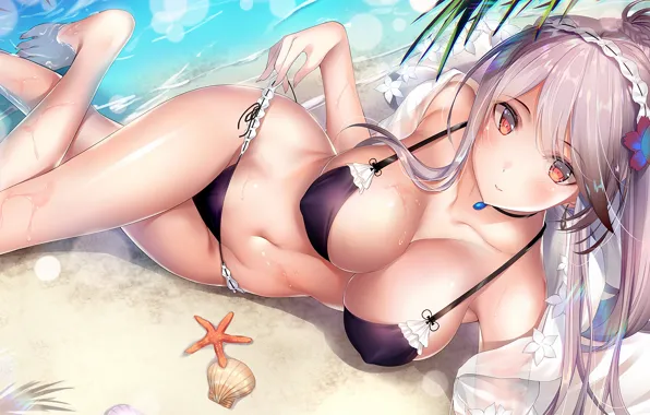 Girl, sexy, cleavage, beach, long hair, sea, boobs, anime